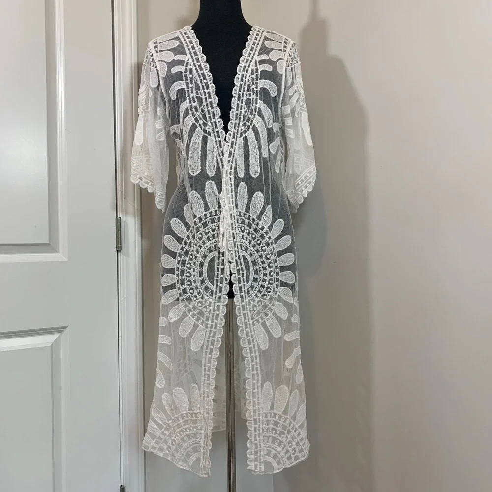 Tulip Creations White Lace Crochet Kimono Cover Up Beach Boho One Size NEW